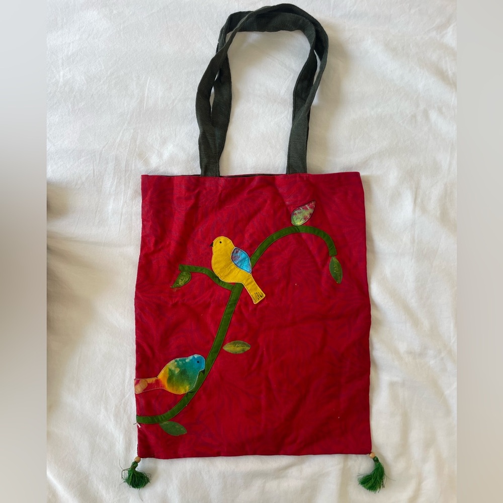 Red tote w/ bird print patchwork (bought from local designer in Bangladesh)